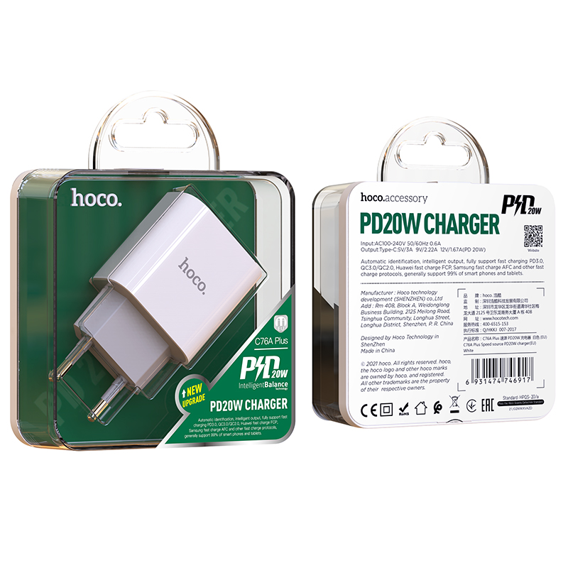 Củ sạc PD20W Hoco C76A PLus chuôi tròn 1 cổng Type-C dành cho mọi thiết bị - Hàng chính hãng