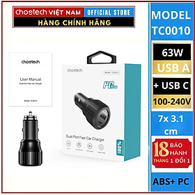 Tẩu sạc CHOETECH TC0010 ô tô PD 63W có 2 cổng ( 1 Type C+ 1 USB)- Hàng chính hãng