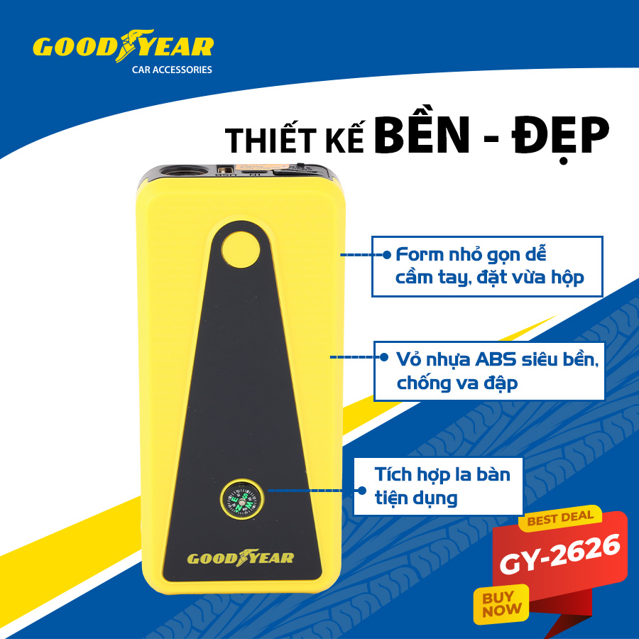 Bộ Kích Bình Cho Xe Hơi 400A GOODYEAR GY-2626 Đa Chức Năng Sạc Dự Phòng 6400mAh Đèn LED Khẩn Cấp Tích Hợp La Bàn - Hàng Chính Hãng