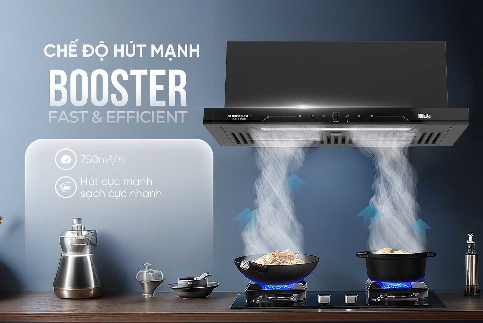 Máy hút mùi âm tủ Sunhouse SHB72035, Công suất 220W, Công suất hút 750m3/h,Công nghệ Ultra-Quiet độ ồn thấp, Điều khiển cảm biến thông minh, Chế độ Booster hút cực mạnh, Bảo hành 36 tháng tại nhà - Hàng chính hãng