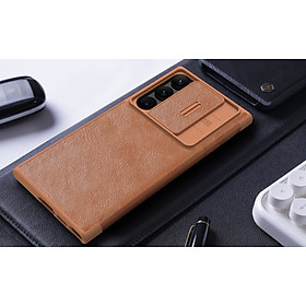 Bao da chống sốc cho Samsung Galaxy S23 Ultra hiệu Nillkin Qin Pro trang bị nắp bảo vệ Camera (Chất liệu da cao cấp, có ngăn đựng thẻ, mặt da siêu mềm mịn) - hàng nhập khẩu