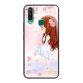 Ốp Lưng in cho Vivo Y17 Mẫu Cô Gái Váy Trắng Nền Hoa Đào - Hàng Chính Hãng