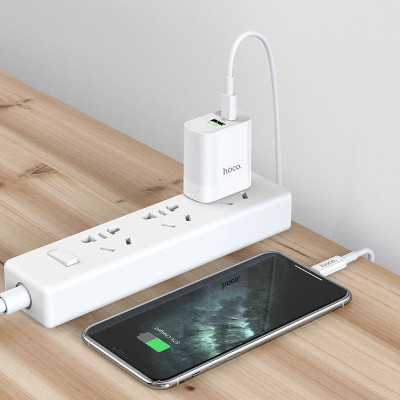 Bộ Sạc Nhanh Cho Iphone PD20W Hoco C80 chuôi dẹt 2 cổng Usb và Type-C kèm dây sạc Type-C sang iPhone - Hàng chính hãng