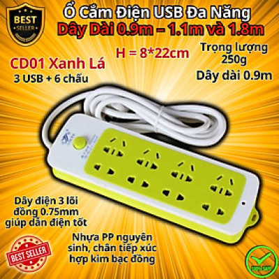 Ổ Cắm Điện USB Đa Năng Cao Cấp Chống Giật Dây Dài 0.9m – 1.1m và 1.8m, Ổ Cắm Điện Công Suất 2500W Có Chốt An Toàn Tiện Lợi, Chính Hãng