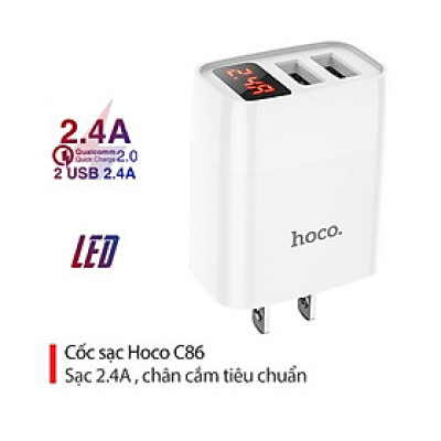 Cốc sạc 2.4A Hoco C86 màn hình Led hiển thị dòng điện chân dẹt 2 cổng USB chất liệu cao cấp ( 2 màu ) - Hàng chính hãng
