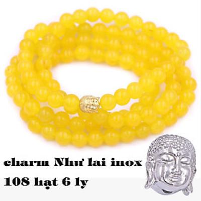 [Mệnh Kim, Thổ] Bộ Vòng Chuỗi, Tràng Hạt 108 Hạt 6 Ly Đá Thạch Anh Vàng Charm Phật A Di Đà Inox - Tràng Chuỗi Niệm Phật - An Yên - Thịnh Vượng - May Mắn - Tài Lộc