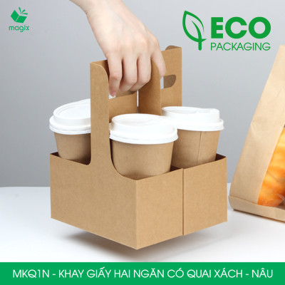 MKQ1N - 17.5x8x9 cm - Combo 20 Khay giấy 2 ngăn quai xách màu nâu siêu chắc, hộp giấy 2 ngăn chống thấm đựng ly nước, hoa và quà tặng