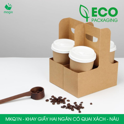 MKQ1N - 17.5x8x9 cm - Combo 20 Khay giấy 2 ngăn quai xách màu nâu siêu chắc, hộp giấy 2 ngăn chống thấm đựng ly nước, hoa và quà tặng