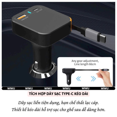 Tẩu củ sạc nhanh PD 65W cho xe hơi ô tô PD3.0 Type-C + 1 USB-A QC3.0 kèm dây sạc rút Type-C 66cm hiệu WIWU Helix cho iphone 17 16 15 iPad pro air Gen Vivo Oppo samsung Macbook - Trang bị chip Ai điều chỉnh dòng, Chống cháy, hợp kim nhôm - Hàng nhập khẩu