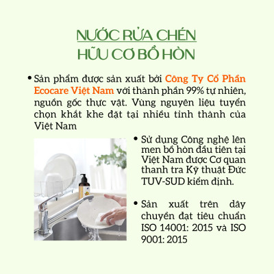 Nước rửa chén hữu cơ Bồ hòn Ecocare tinh dầu Vỏ Cam 2000ml