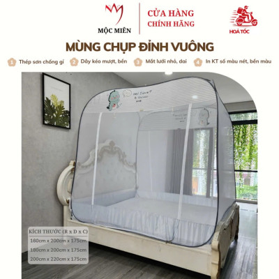 Màn Chụp , Mùng Chụp Cao Cấp Mộc Miên Đỉnh Vuông - Kích Thước 1,6mx2m ( Xám Khủng Long )