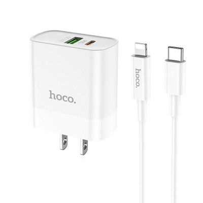 Bộ Sạc Nhanh Cho Iphone PD20W Hoco C80 chuôi dẹt 2 cổng Usb và Type-C kèm dây sạc Type-C sang iPhone - Hàng chính hãng