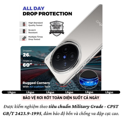 Ốp lưng trong suốt chống sốc cho Vivo X200 Pro / Vivo X200 Ultra hiệu Likgus Crystal - Viền TPU đệm khí chống sốc, Viền nhô cao – Bảo vệ camera & màn hình, Chống bám vân tay - Hàng nhập khẩu