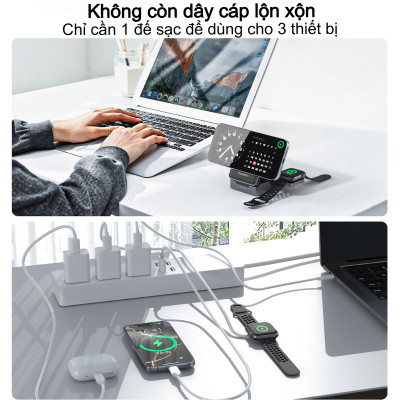 Đế sạc nhanh không dây 3 in 1 gấp gọn 15W Choetech T637 chuẩn Qi2 dùng cho điện thoại, tai nghe và đồng hồ thông minh - Hàng chính hãng)