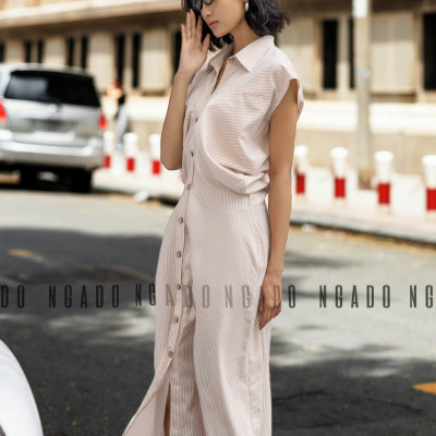 Đầm sơ mi sọc cam NGADO, Đầm suông, Đầm vintage, Đầm dạo phố thiết kế