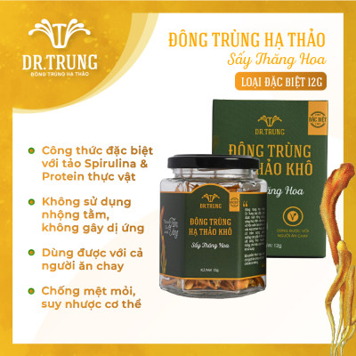 Đông trùng hạ thảo Dr. Trung Sấy thăng hoa - Loại Đặc biệt - Công thức cải tiến từ tảo Spirulina và Protein thực vật, Không sử dụng nhộng tằm, Dùng được với người ăn chay - Giúp cải thiện giấc ngủ, Tăng hệ miễn dịch, Ổn định huyết áp