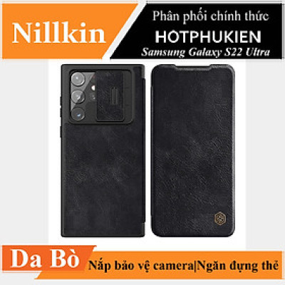 Case bao da leather chống sốc cho Samsung Galaxy S22 Ultra hiệu Nillkin Qin Pro trang bị nắp bảo vệ Camera (Chất liệu da cao cấp, có ngăn đựng thẻ, mặt da siêu mềm mịn) - hàng nhập khẩu