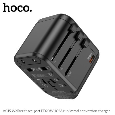 Ổ cắm du lịch nhật bản, quốc tế, đa năng sạc nhanh 20W có 1 ổ cắm + 2 cổng USB + 1 cổng typeC, 4 chân cắm US - UK - EU - AUS AC15 - Hàng chính hãng