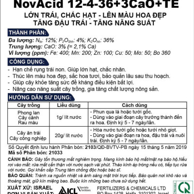 Phân bón hòa tan Israel Novacid 12-40-36+3CaO+Te, Hoà tan 100% sử dụng cho hệ thống tưới nhỏ giọt và tưới phun. Hạn chế rụng trái non, thúc hoa ra màu đẹp và tăng sức đề kháng cho cây trồng
