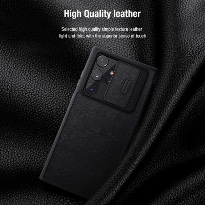 Case bao da leather chống sốc cho Samsung Galaxy S22 Ultra hiệu Nillkin Qin Pro trang bị nắp bảo vệ Camera (Chất liệu da cao cấp, có ngăn đựng thẻ, mặt da siêu mềm mịn) - hàng nhập khẩu