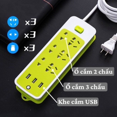 Dụng cụ và thiết bị tiện ích ổ cắm -Ổ cắm điện đa năng chống giật ,có 9 ổ cắm và 3 cổng sạc USB ,tự động ngắt khi quá tải ,sử dụng cho nhiều thiết bị cùng 1 lúc ,có lỗ treo tiện lợi 