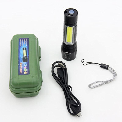 Đèn Pin Sạc Mini Có Zoom Hộp Xanh Xpe+Cob Light Siêu Sáng