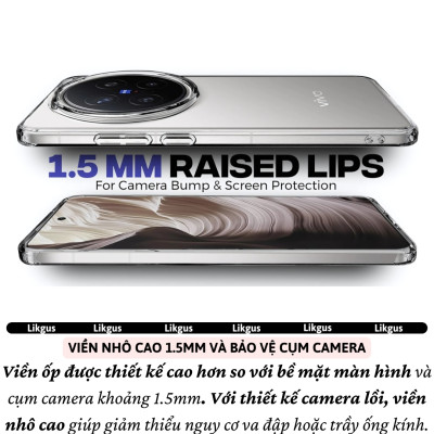 Ốp lưng trong suốt chống sốc cho Vivo X200 Pro / Vivo X200 Ultra hiệu Likgus Crystal - Viền TPU đệm khí chống sốc, Viền nhô cao – Bảo vệ camera & màn hình, Chống bám vân tay - Hàng nhập khẩu