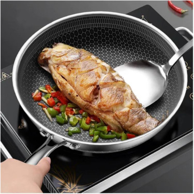 Chảo Vân Tổ Ong Inox 304 Đáy Bằng Siêu Chống Dính 28Cm Dùng Cho Mọi Loại Bếp