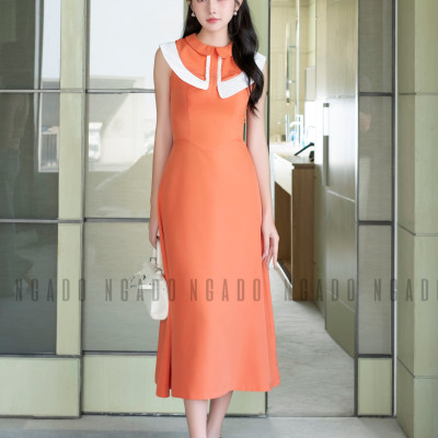 Đầm cam cổ sen phối trắng NGADO, đầm dự tiệc , đầm dạo phố