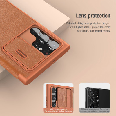 Case bao da leather chống sốc cho Samsung Galaxy S22 Ultra hiệu Nillkin Qin Pro trang bị nắp bảo vệ Camera (Chất liệu da cao cấp, có ngăn đựng thẻ, mặt da siêu mềm mịn) - hàng nhập khẩu