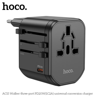 Ổ cắm du lịch nhật bản, quốc tế, đa năng sạc nhanh 20W có 1 ổ cắm + 2 cổng USB + 1 cổng typeC, 4 chân cắm US - UK - EU - AUS AC15 - Hàng chính hãng