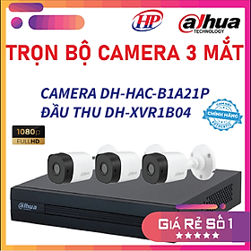 Trọn bộ 3 camera DH-HAC-B1A21P Đầu thu 4 cổng XVR1B04 đầy đủ phụ kiện, Hàng chính hãng