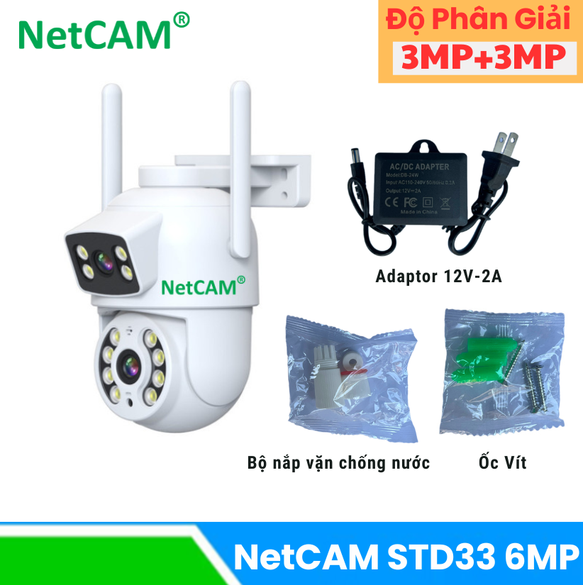 Camera Ngoài Trời NetCAM STD34, Quay Quét 360 độ, có Ống Kính Kép với Độ phân giải Siêu Nét 6MP - Hàng Chính Hãng