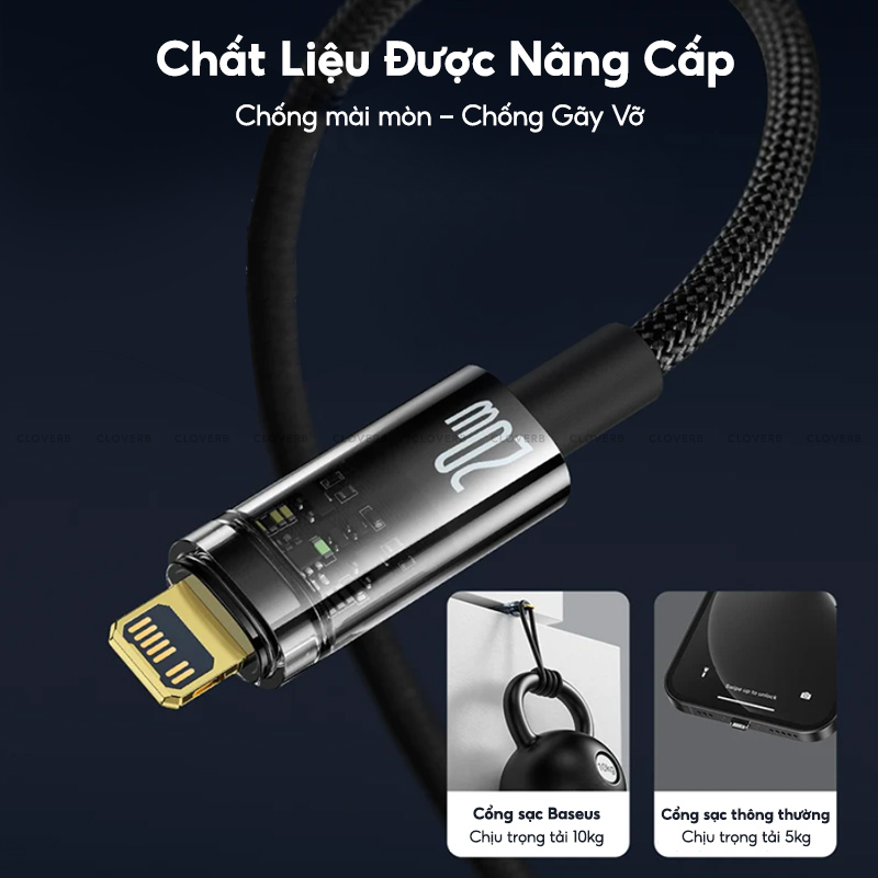 Cáp Tự Ngắt BASEUS Explorer Series Typc-C to iP Sạc Nhanh 20W, Đầu Cáp Trong Suốt Đèn LED báo Sạc Dây Bện Nylon - Hàng Chính Hãng