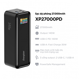 Sạc dự phòng Energizer PD140W 27,000mAh/3.6V Li-ion, hỗ trợ sạc cho Laptop, chống cháy nổ - Hàng chính hãng bảo hành 12 tháng