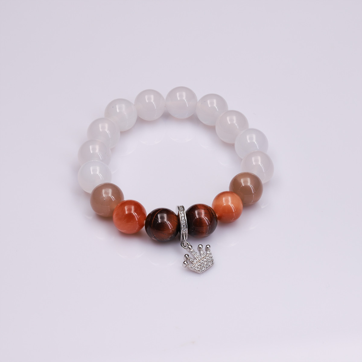 Vòng tay nữ MN trắng 10ly mix Mắt Hổ và Charm rơi Anqlo
