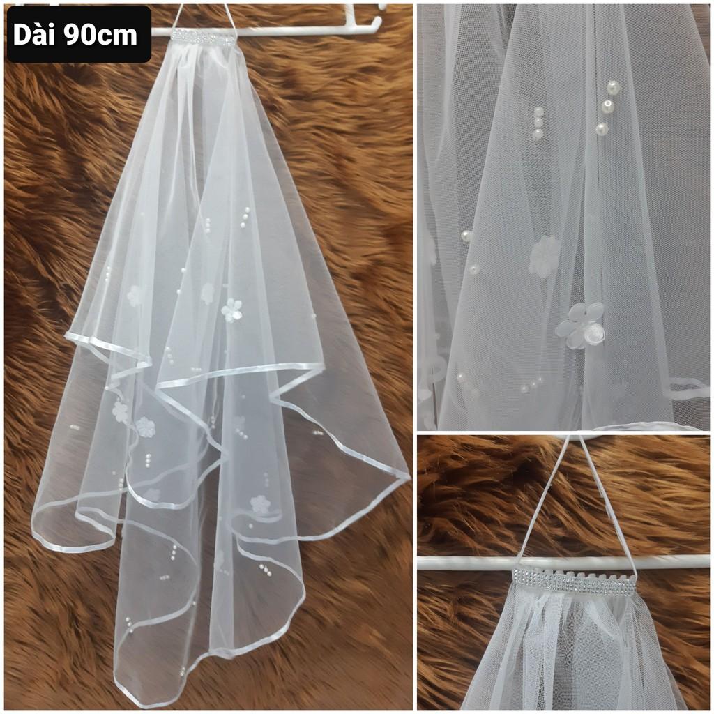 Voan cài tóc cô dâu ngang lưng 90 cm viền vải phi bóng đính nơ hoặc hoa kèm hạt trai thưa Giangpkc 904