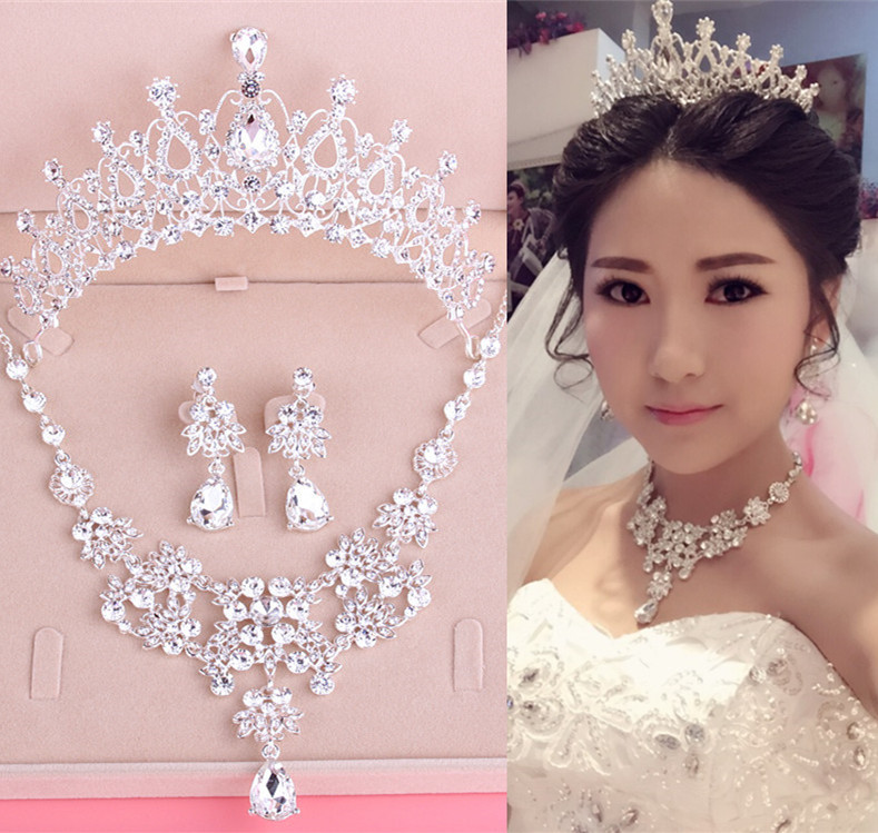 Bộ trang sức vương miện cô dâu, vòng cổ và bông tai full đá lấp lánh