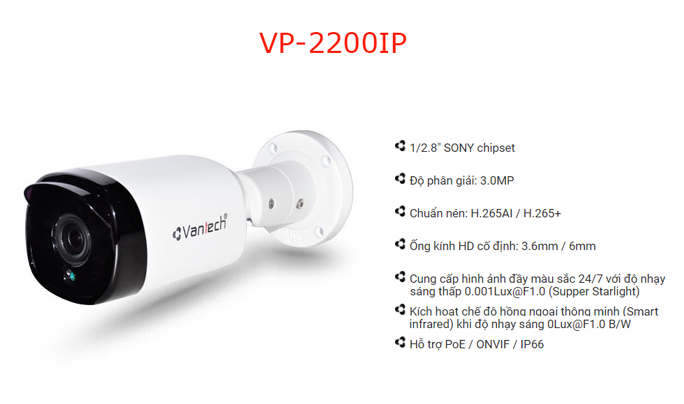 Vantech Camera 3.0MP Supper Starlight Bullet VP-2200IP-Hàng chính hãng