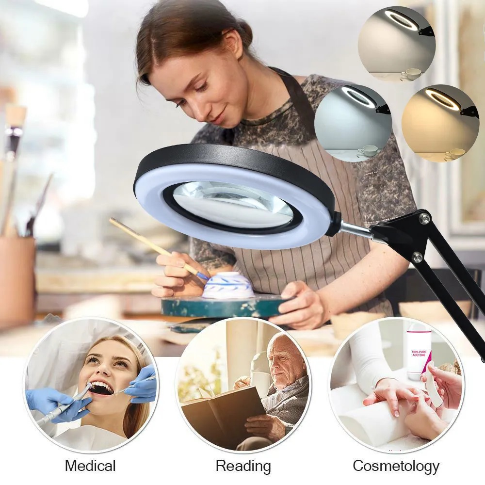 Kính lúp gắn bàn có đèn TERINO DE-5XB (phóng đại 5X, Led, màu đen) - Hàng chính hãng