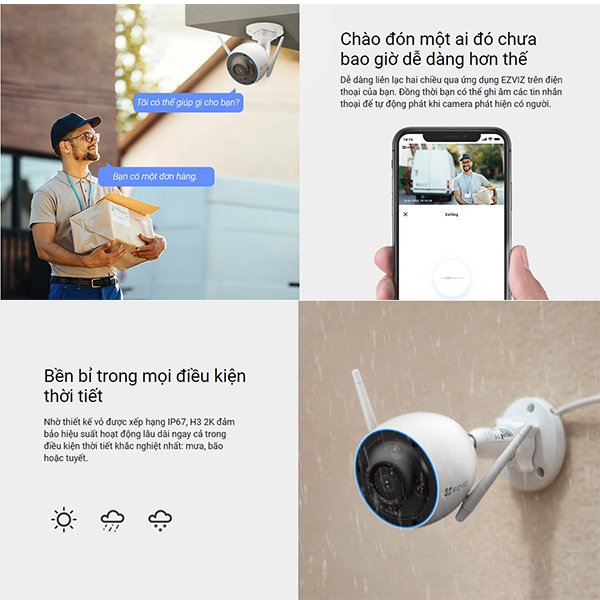 Camera Wi-fi EZVIZ H3 2K (3MP) & 3K (5MP), Ngoài Trời, Ghi Hình Màu Ban Đêm, Đàm Thoại, Chống Nước IP67, Nén H265 - Hàng Chính Hãng