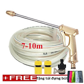 Bộ dây vòi xịt nước rửa xe, tưới cây . tăng áp 3 lần, loại 7m, 10m 206701-3 đầu đồng,cút+tặng túi đựng bút