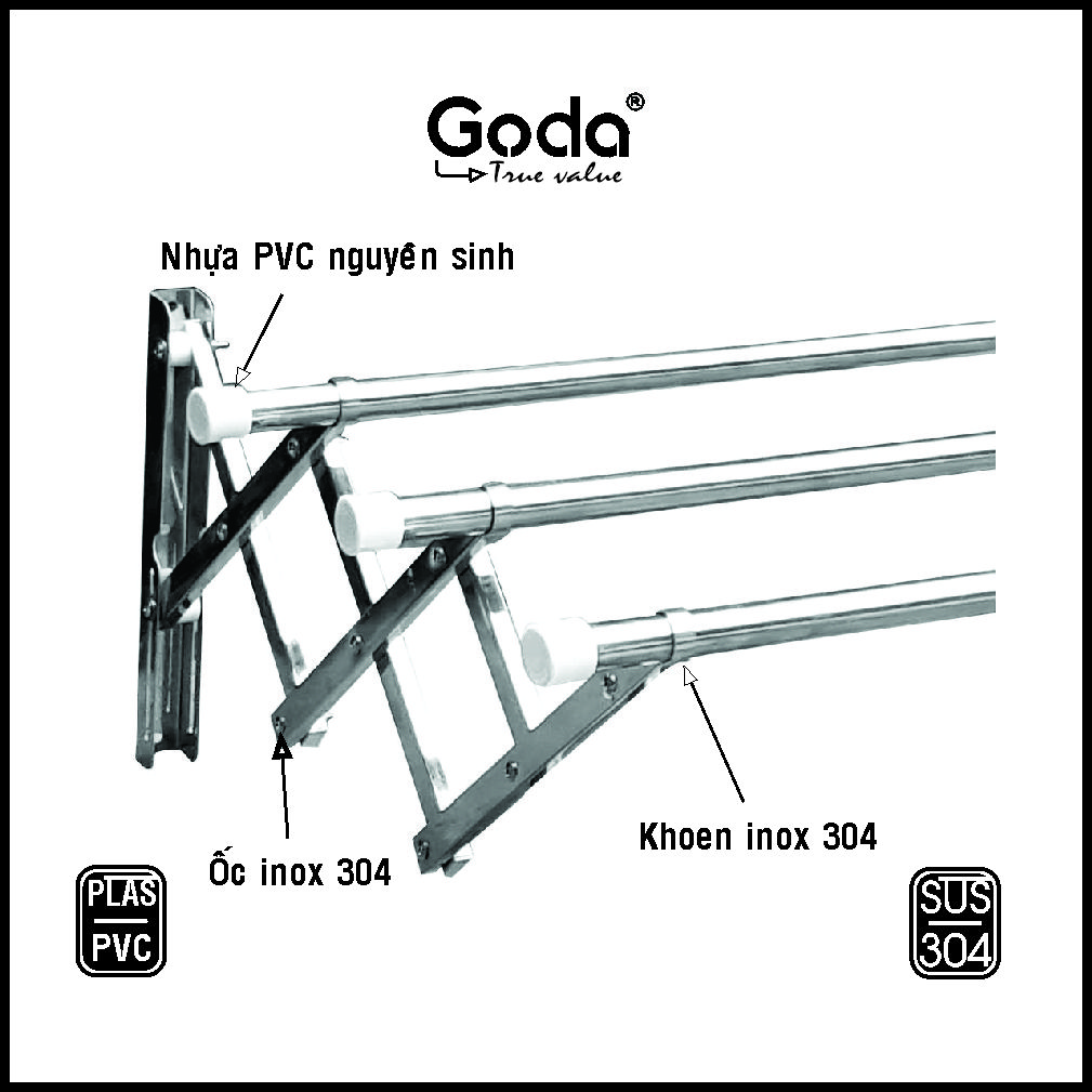 Giàn phơi xếp ống 22mm inox 304 thông minh cao cấp Goda loại 1 mét GD-141b