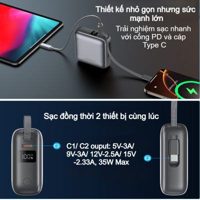 Pin dự phòng sạc nhanh công suất 35W Choetech B832 dung lượng 10000mAh tích hợp cáp sạc Type C (Hàng chính hãng)