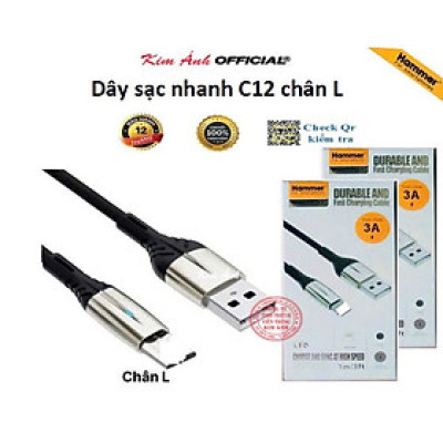 Dây sạc nhanh 3A Hiệu Ham mer ( H-C12-I ), Chân L Có đèn báo, Hàng chính hãng bảo hành 12 tháng