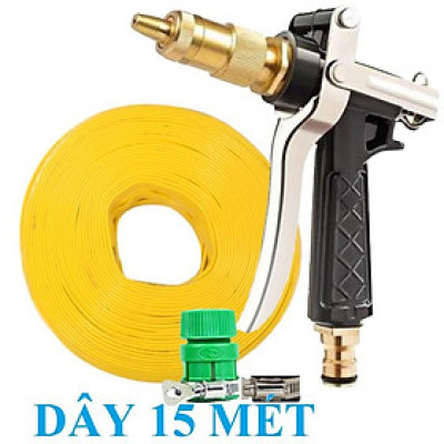Bộ dây vòi xịt nước rửa xe, tưới cây . tăng áp 3 lần, loại 15m 206318 đầu đồng,đai,nối vàng+ tặng đai