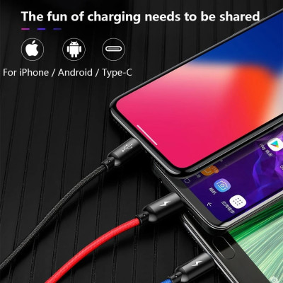 Cáp sạc và truyền dữ liệu tốc độ cao Baseus Three Primary Colors tích hợp 3 đầu kết nối Type C, Android và IP - Hàng chính hãng