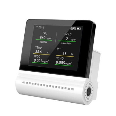 Thiết bị đo chất lượng không khí JMS-16: Màn hình cảm ứng 3,2 inch, đo chính xác TVOC, CO2, PM2.5, PM10, formaldehyde (HCHO), nhiệt độ và độ ẩm; pin lithium 1500mAh, cảnh báo ô nhiễm thời gian thực; kết nối qua app di động tiện lợi - Hàng Nhập Khẩu