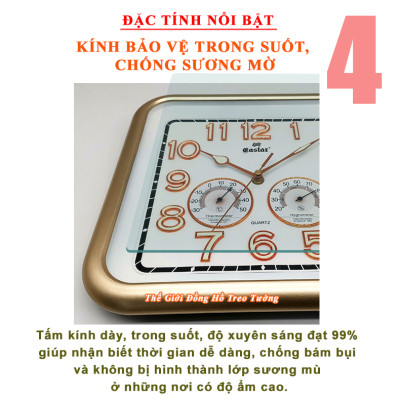 Đồng Hồ Treo Tường Cao Cấp KIM TRÔI EASTAR SỐ NỔI 3D có DẠ QUANG và NHIỆT ẨM KẾ CƠ (Không Dùng Pin) - Hình Vuông Mặt Đen - Tặng Pin AA - Bảo Hành 1 Năm
