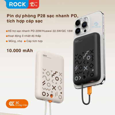 Pin sạc dự phòng sạc nhanh PD 20W ROCKSPACE P28 10.000 mAh Magnetic PD tích hợp cáp sạc nhanh - Hàng chính hãng bảo hành 12 tháng